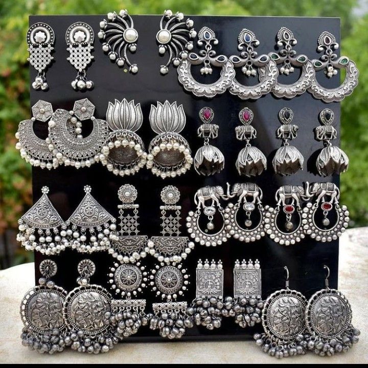 Oxidised Jewellery Earrings, Antique Silver Jewelry Indian, Silver Earrings Indian, Earrings Oxidised, Trendy Silver Jewelry, Oxidised Earrings, Indian Wedding Jewelry Sets, Oxidised Silver Jewelry, Silver Jewelry Accessories