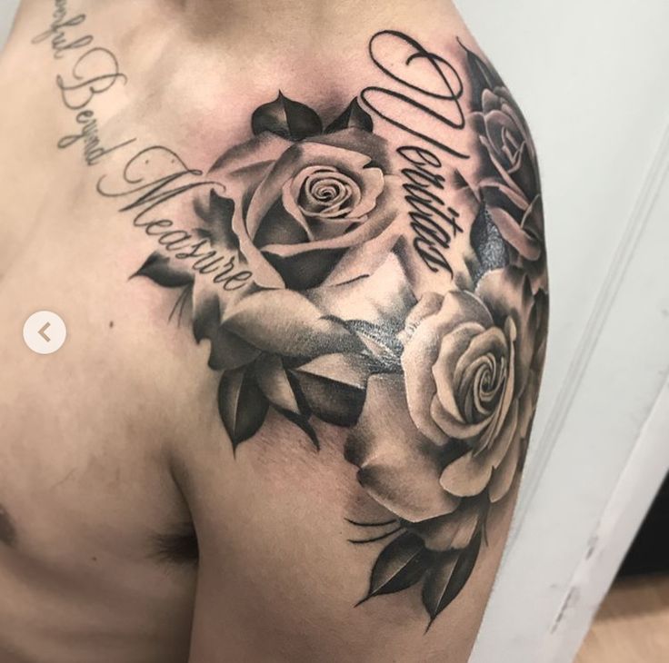 a man's chest with roses on it and the words happy birthday written in cursive writing