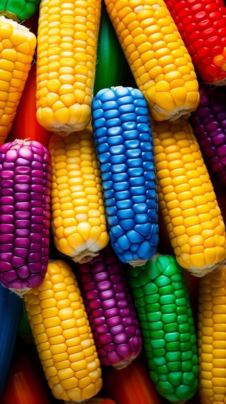 colorful corn on the cob is shown in this close up photo with many colors