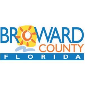 the brow county florida logo is shown in blue, orange and white with an orange sun on