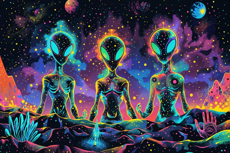 three aliens are standing in the desert at night with bright colors and stars on them