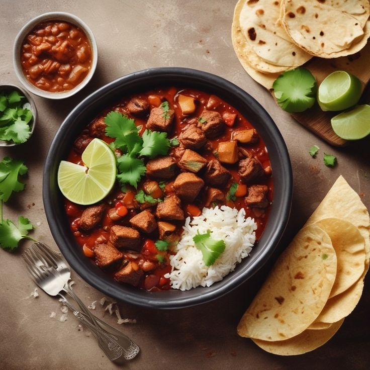 a bowl filled with meat and rice next to tortilla chips, lime wedges and cilantro