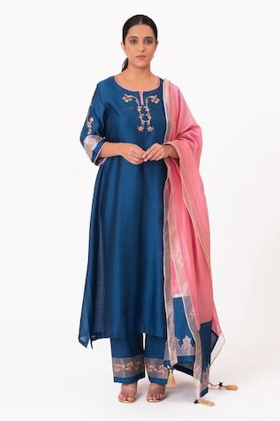 Royal blue A-line kurta with embroidery along the neckline and sleeves. Paired with a pant and tissue applique work dupatta. - Aza Fashions Applique Work, Women Kurta, A Line Kurta, Straight Kurta, Kurta With Pants, Set Women, Pant Set, Embroidered Silk, Aza Fashion