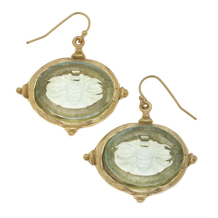 Venetian Etched Glass Bee Intaglio Earrings 1.63 inches Handcast 24Kt Gold Plating Handmade in San Antonio, TX Susan Shaw, Glass Drop Earrings, Pearl Necklace Earrings, Bee Earrings, 24kt Gold, Venetian Glass, Pearl Gemstone, Stunning Earrings, Matching Necklaces