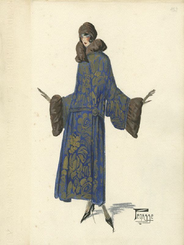 a drawing of a woman in a blue coat and hat with gloves on her hands