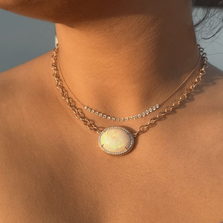 Our new custom opal and diamond necklace is handcrafted in 14K & 18K yellow, rose, or white gold. You choose your opal, size color, and quality. You choose your chain thickness and type of chain, along with the size of diamonds on the bezel. A beautiful and adjustable length necklace with timeless appeal that can be worn anywhere. It makes the perfect gift for yourself or someone you love. The chain shown is solid 18K gold. This custom necklace can be fabricated in a few days to a few weeks, depending upon specifications. The opal shown is 11.55 cts, natural fine crystal opal from the Andamooka mining area in Australia. This same opal, from the same opal mine, same material, and type was given to the Queen by the Australian government. The opal is encased in .55 cts of E/F white round diam Australian Government, Halo Band, Bezel Set Earrings, Signature Bracelet, Bridal Diamond Jewellery, Anchor Necklace, Length Necklace, Linking Rings, Crystal Opal