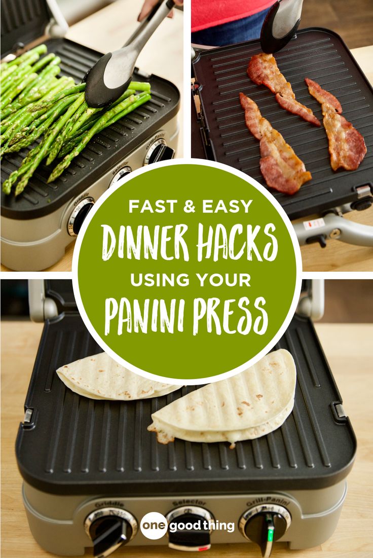 the grill has asparagus, bacon and other foods on it with text overlay that reads fast and easy dinner hacks using your panini press