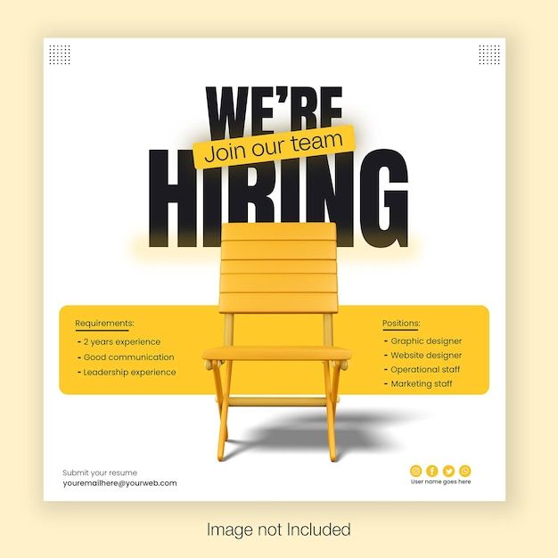 a yellow chair sitting in front of a white background with the words we're hiring