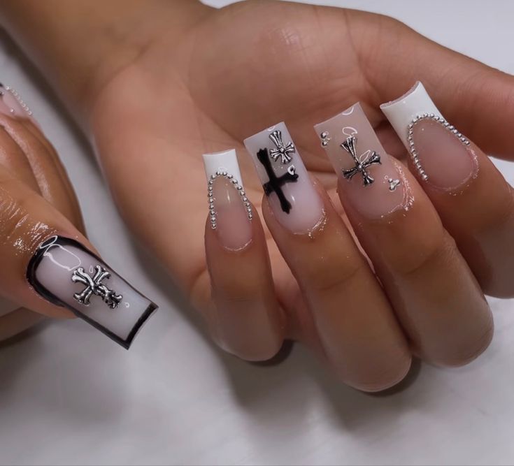 Cute Black Nails With Design, Y2k Cross Nails Acrylic, Black And White Nails With Cross, Nails To Match Black And White Dress, Tapered Square Nails With Charms, Romeo Santos Nails, Nail Inspo With Cross Charm, Short Nail Charms, Medium Length Nails With Charms