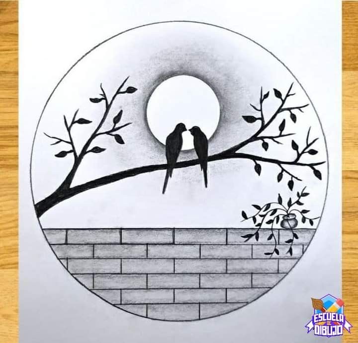 a drawing of two birds sitting on a tree branch with the moon in the background