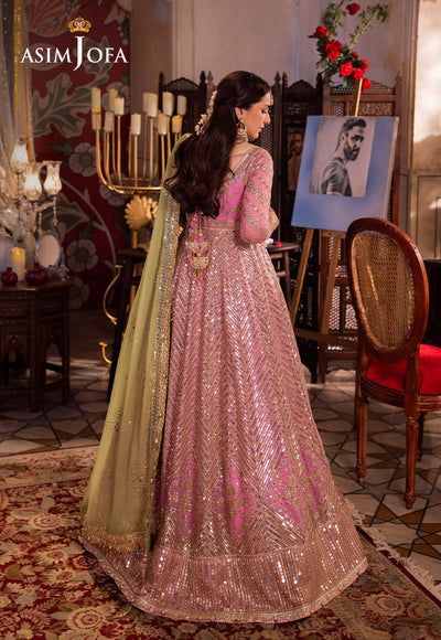 By Pcs: 3 PcsShirt: ChiffonTrouser: Twisted SilkDupatta: ChiffonColor: Pink Transformed into a living petal, this pink ensemble is a fairytale garden in bloom. The embroidered Peshwas, a delicate flower unfurling, is adorned with a cascade of light gold dewdrop-like sequins, coupled with 5mm and 9mm gold sequins amidst the intricate amalgam of gold zari and beige threads, weaving a glittering path guiding the gaze gently toward a blooming pink rose. The green embroidered dupatta, a verdant oasis Fairytale Garden, Modest Girl, Asim Jofa, Pakistani Wedding Dress, Embroidered Border, Pakistani Bridal Wear, Designer Dresses Indian, 3 Piece Suits, Gold Sequins