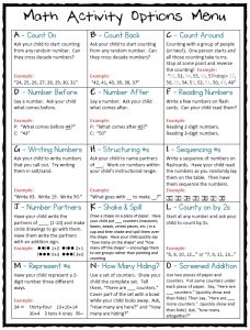 a printable math activity menu for students to practice numbers and addition skills in the classroom