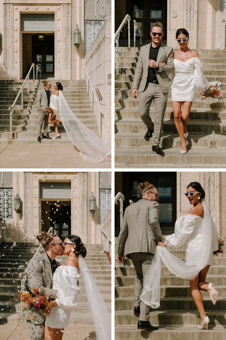 the bride and groom are walking down the stairs