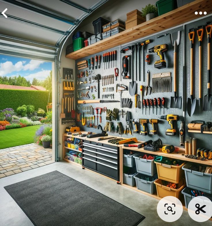 a garage filled with lots of tools on the wall next to a large open door