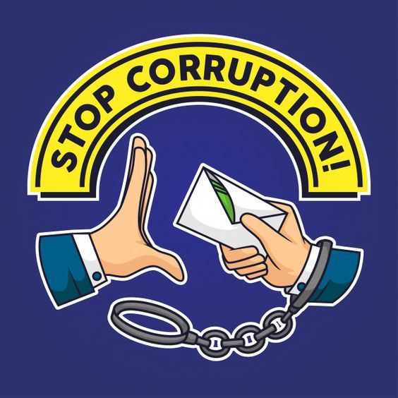 two hands are chained to each other with the words stop corruption written on them and an image of a hand holding a piece of paper