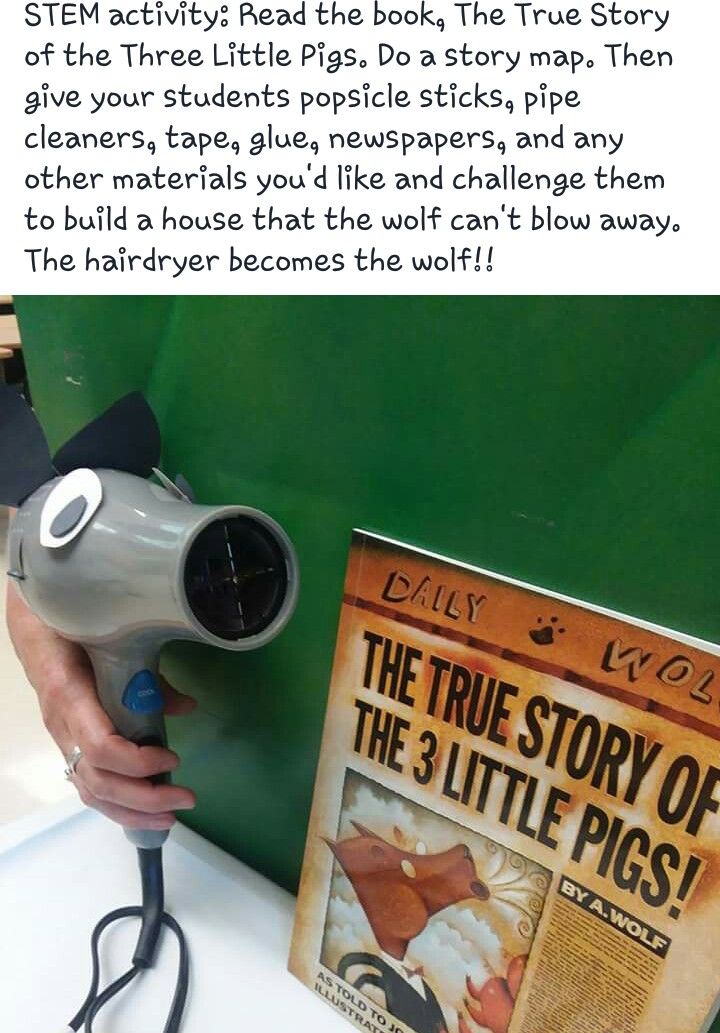 a person holding a blow dryer over a book with the title'the true story of the 3 little pigs '