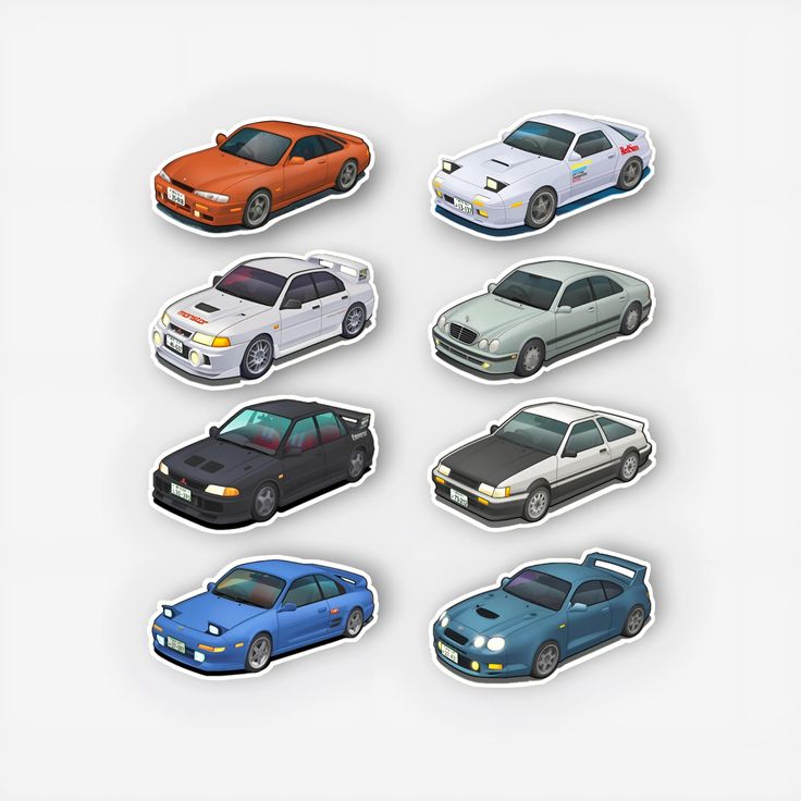 six different types of cars are shown in this image, with the same color and size