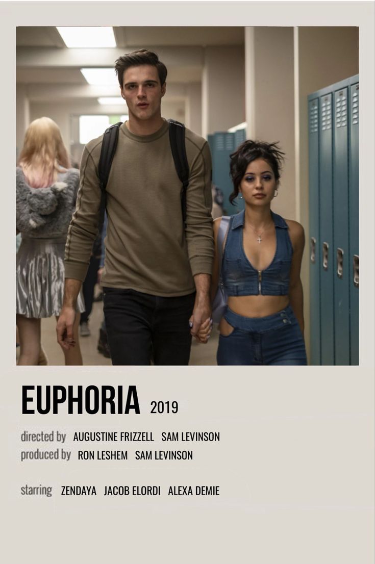 the poster for euphora shows two people holding hands and walking through lockers