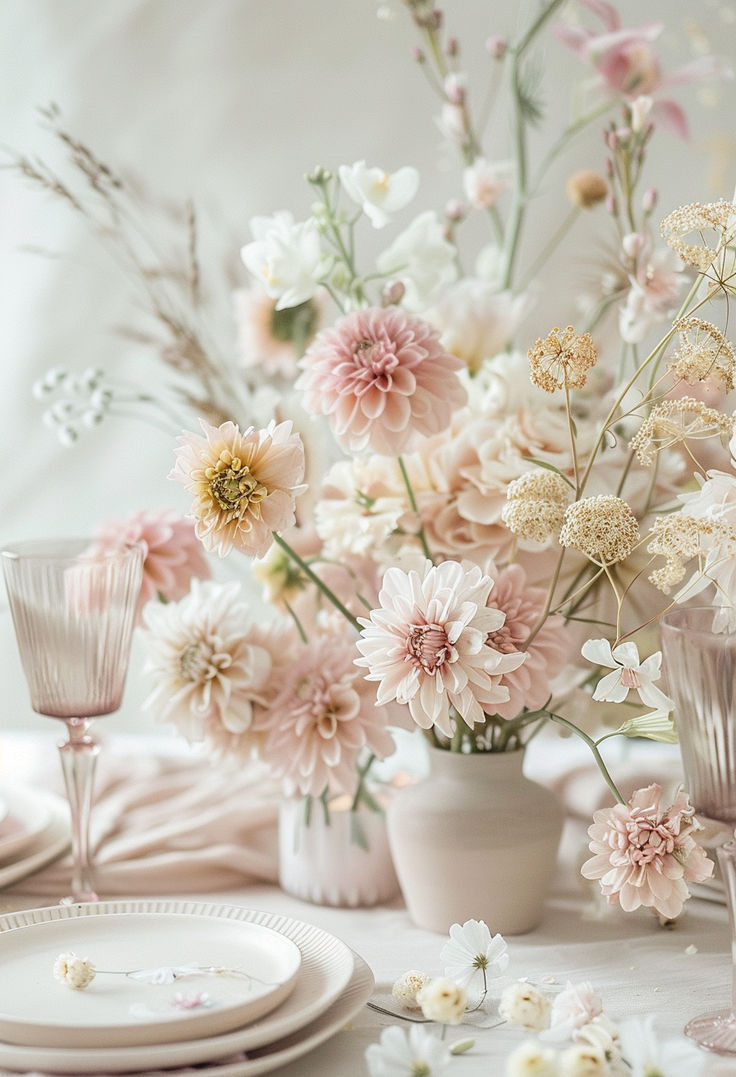 an arrangement of flowers in vases on a table with plates and utensils