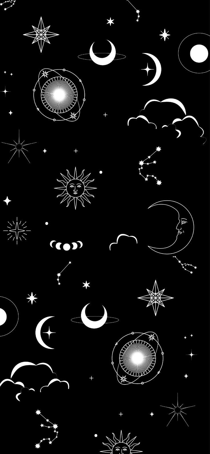 black and white drawing of stars, planets and the moon