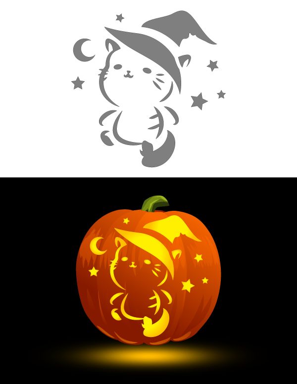 an orange pumpkin with a cat on it's face in the shape of a moon and stars