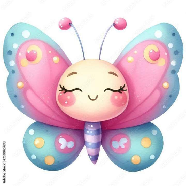 a cartoon butterfly with pink and blue wings on it's back, resting its head on a small toothbrush