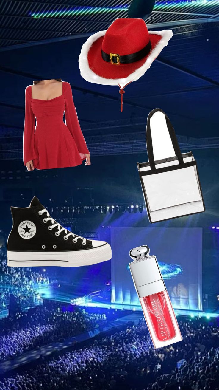 a collage of items including a red hat, black and white sneakers, an empty bottle with a liquid in it