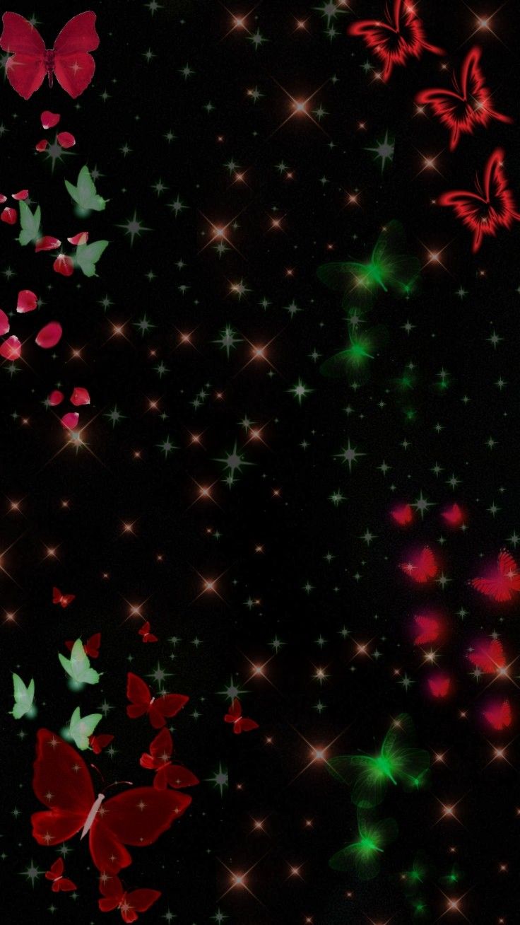 many different colored butterflies flying in the dark sky with stars all around them on a black background