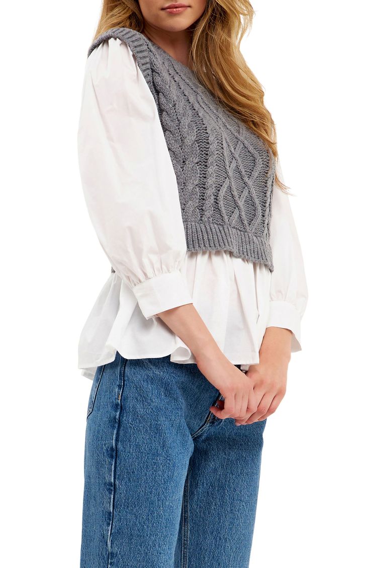 Full of polish and charm, this mixed-media sweater features a cable knit bodice layered over a crisp poplin shirt. Crewneck Bracelet-length sleeves 100% acrylic with 100% cotton contrast Hand wash, dry flat Imported Cable Sweater, Poplin Shirt, New Arrival Dress, Sweater Vest, Grey Sweater, Cable Knit, Length Sleeve, Grey And White, Heather Grey