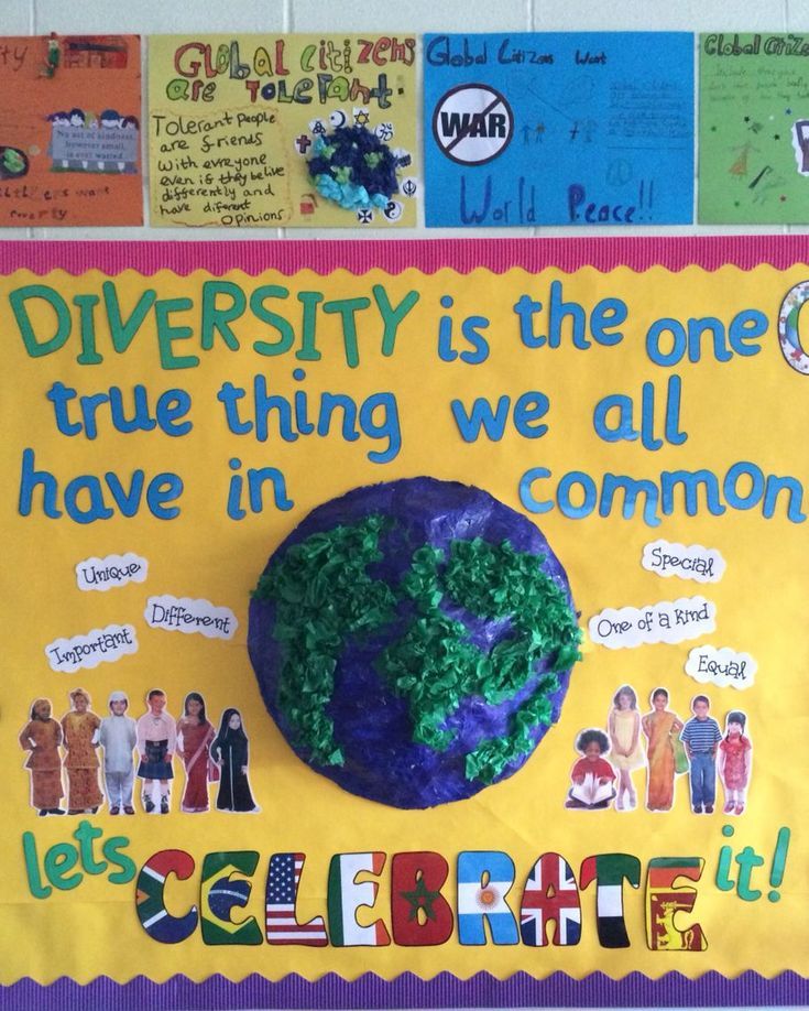 a bulletin board with an earth globe and words on it that say, diversity is the one true thing we all have in common