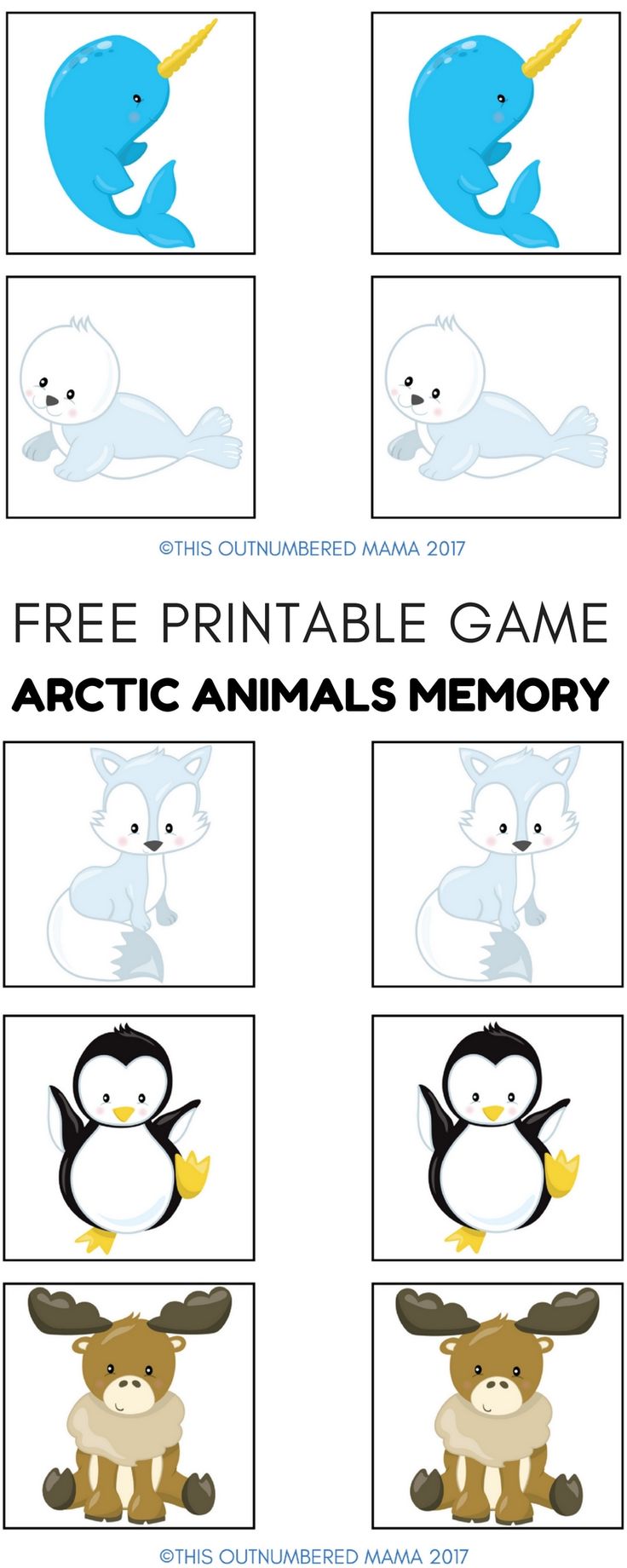 an animal memory game for kids with penguins, penguin and polar bear on the same page