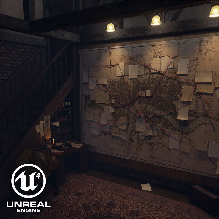 a large map hanging on the wall next to a stair case in a dark room