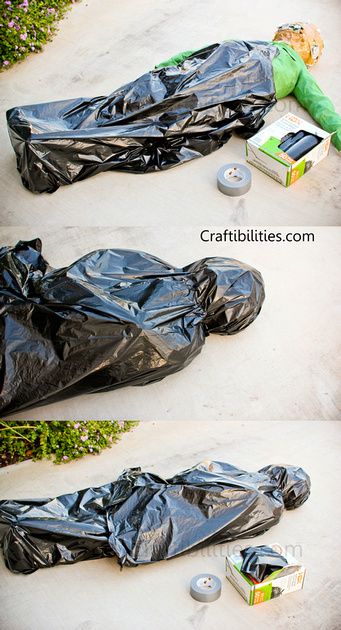 there are two pictures of the same person laying on the ground with a garbage bag in front of them