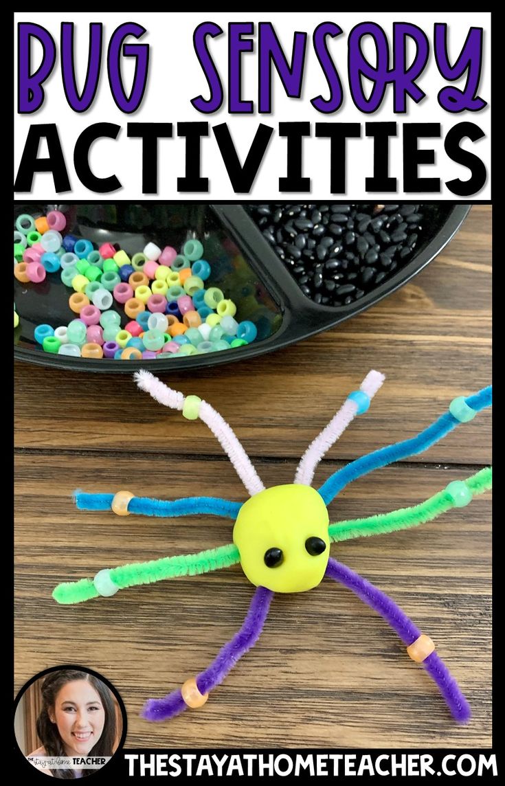 a bug made out of beads and some other items on a table with the words bug sensory activities