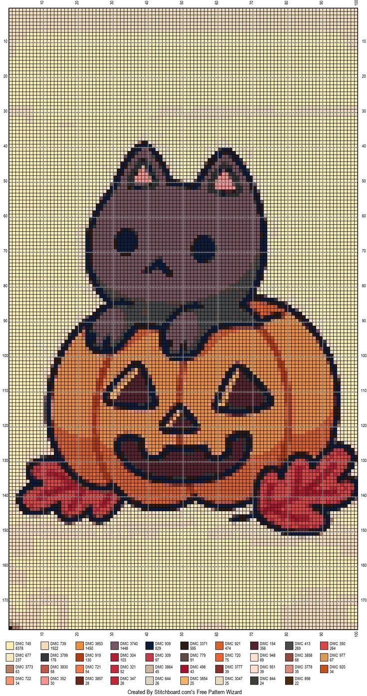 a cross stitch pattern with a cat sitting on top of a pumpkin