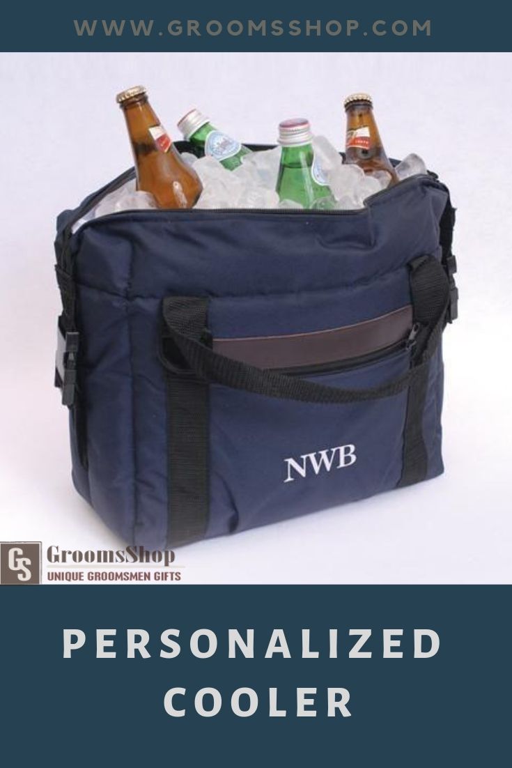 the personalized cooler bag is full of beer bottles and water bottle in one compartment