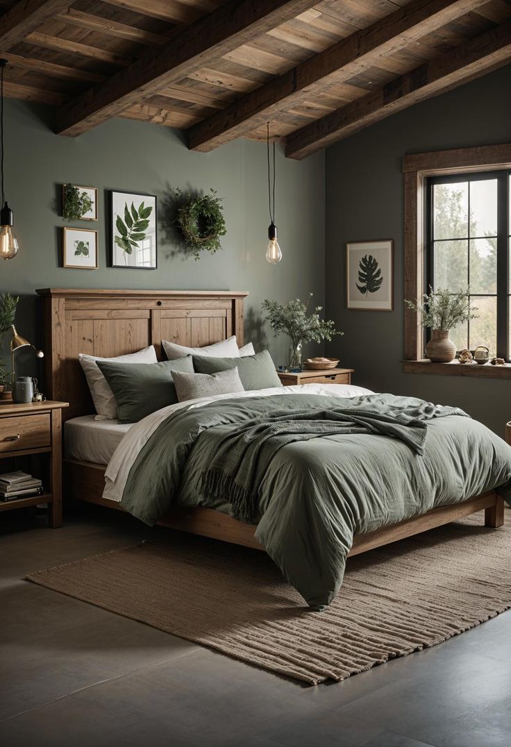 a large bed sitting in a bedroom next to a wooden dresser and window with potted plants on it