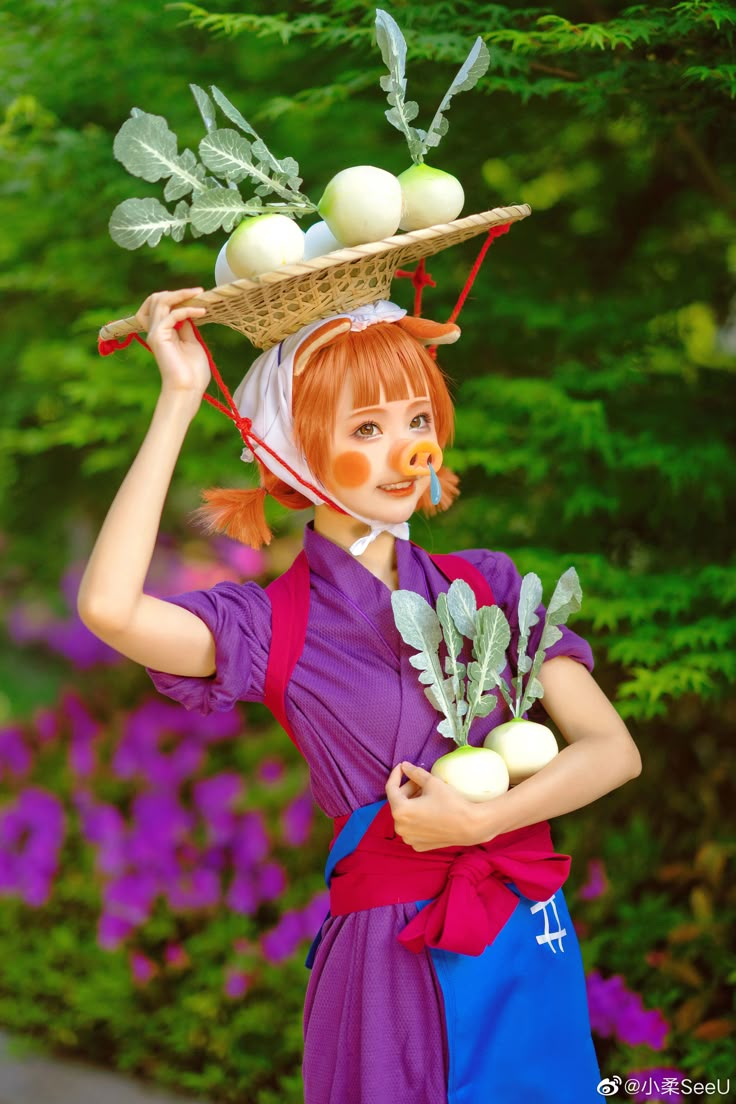 a woman with an orange painted face holding vegetables on her head and wearing a purple dress