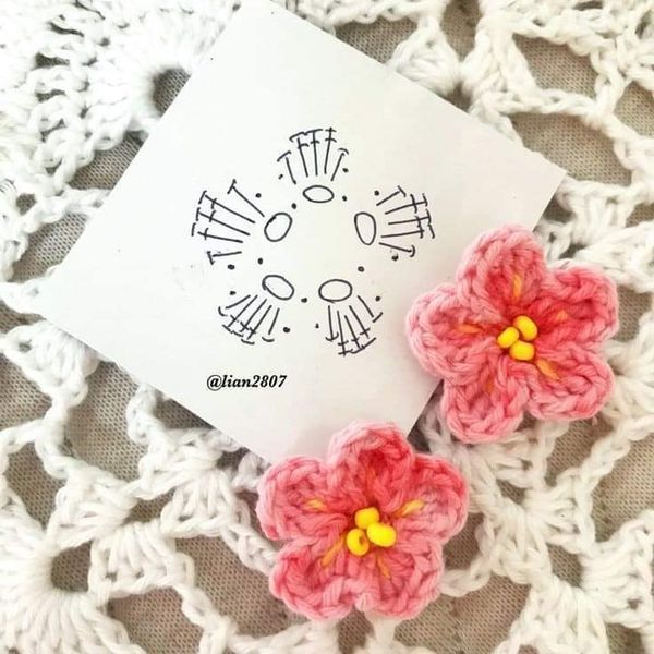 two crocheted flowers sitting on top of a piece of paper next to a doily