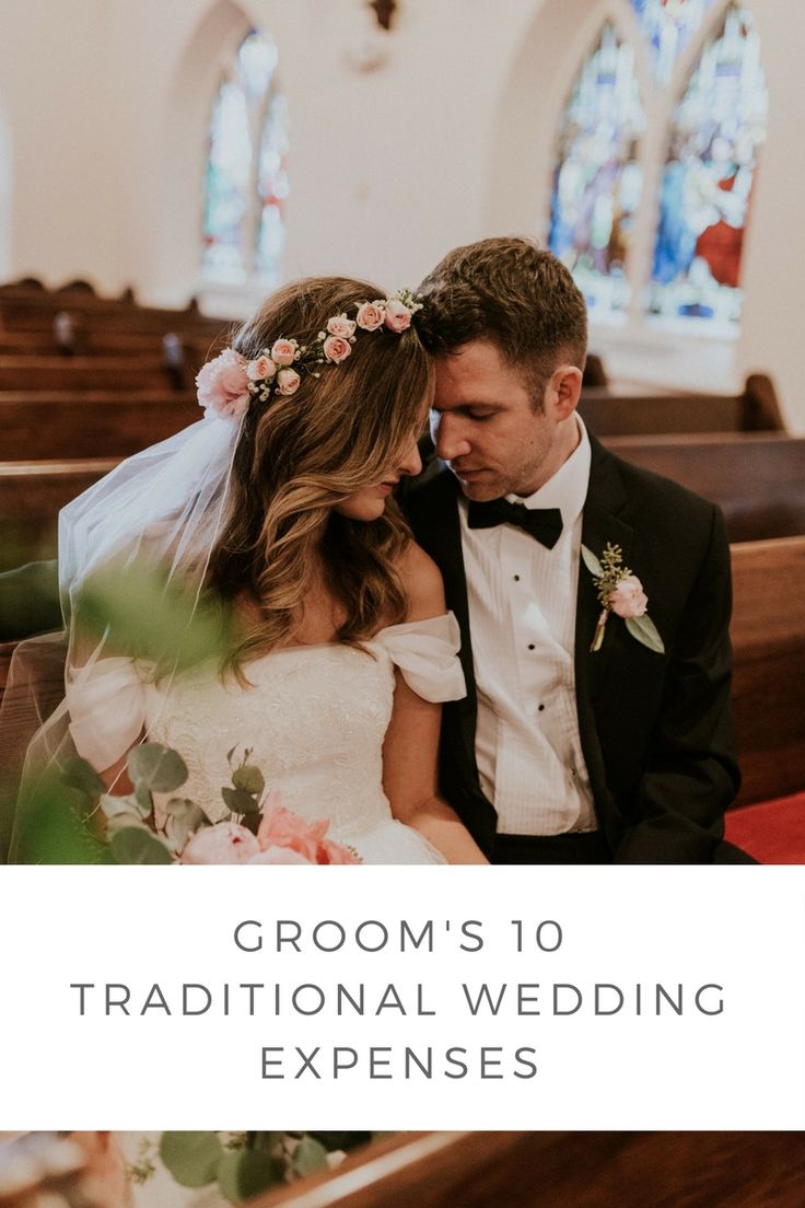 a bride and groom sitting in the pews of a church with text overlay reading traditional wedding experiences covered by the groom