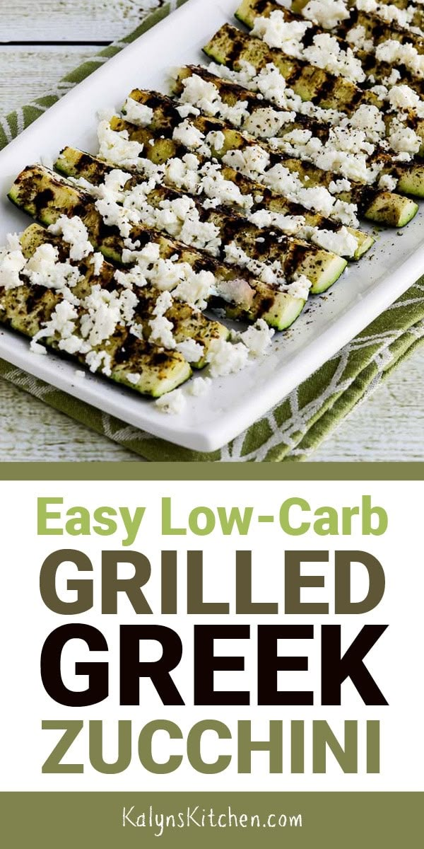 grilled greek zucchini on a white plate with text overlay that reads easy low - carb grilled greek zucchini