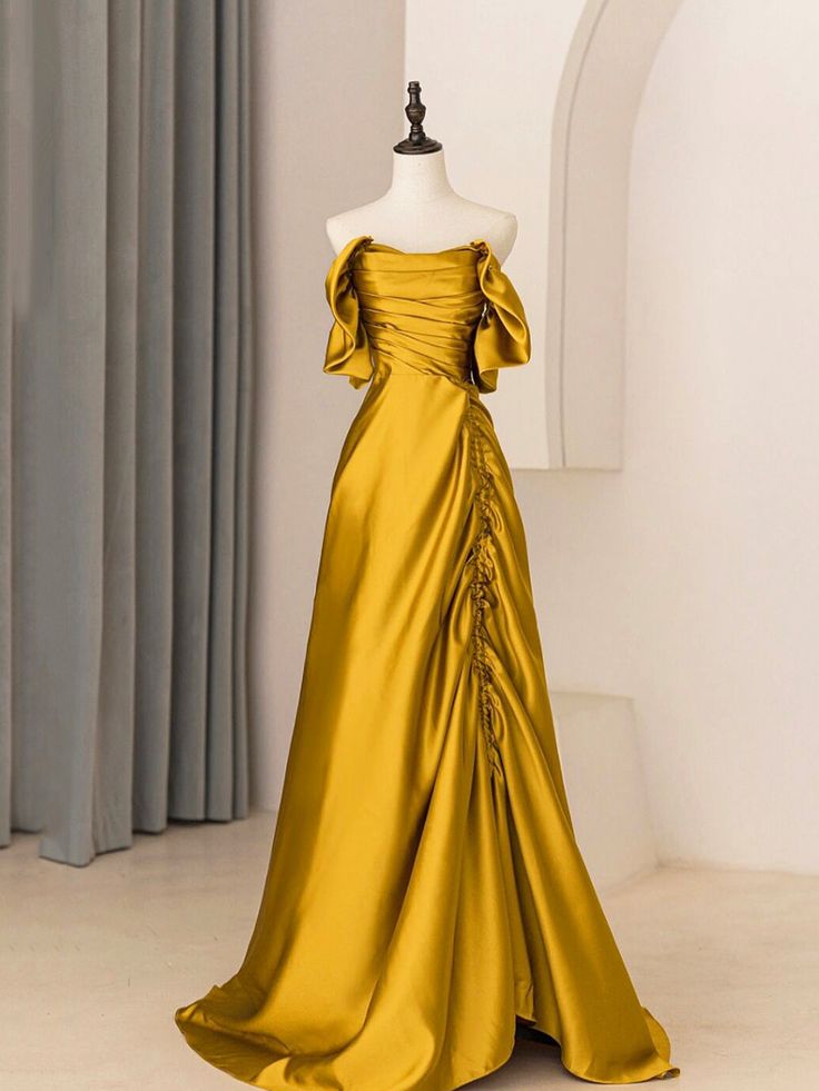 Unique Satin Long Prom Dress Gold Satin Prom Dress, Prom Dress Simple, Satin Long Prom Dress, Velvet Prom Dress, Multi Way Dress, Floral Dress Formal, Prom Dresses Yellow, A Line Evening Dress, Floor Length Prom Dresses