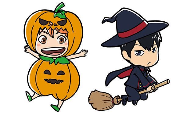 two cartoon characters dressed as witches and pumpkins