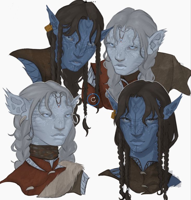 four different avatars with long hair and blue eyes are shown in this drawing style