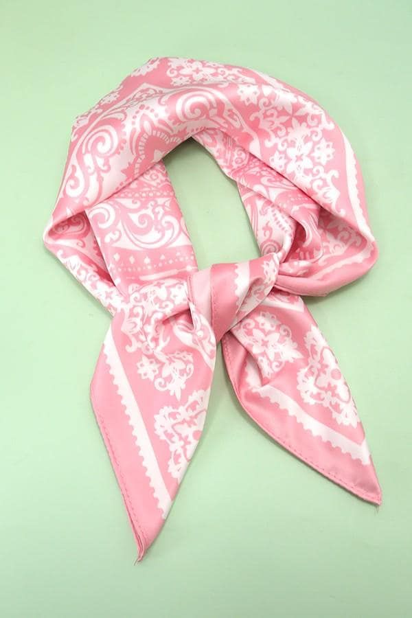 Paisley Pink Silky Feel Bandana Scarf, this beautiful scarf features a classic paisley pattern in a soft pink hue, crafted from a silky-feel fabric that drapes gracefully. Perfect for wearing around your neck, as a headband, or tied to your handbag, this versatile accessory effortlessly elevates any ensemble with its luxurious texture and timeless design.  DIMENSION Long 21.7" Width 21.7" Material: Polyester Pink Shawl Scarf, Pink Shawl Scarves For Spring, Pink Shawl Scarf For Spring, Pink Silk Shawl For Spring, Elegant Pink Shawl Scarves, Elegant Pink Satin Scarves, Elegant Pink Satin Scarf, Trendy Pink Headscarf For Spring, Trendy Pink Silk Scarf