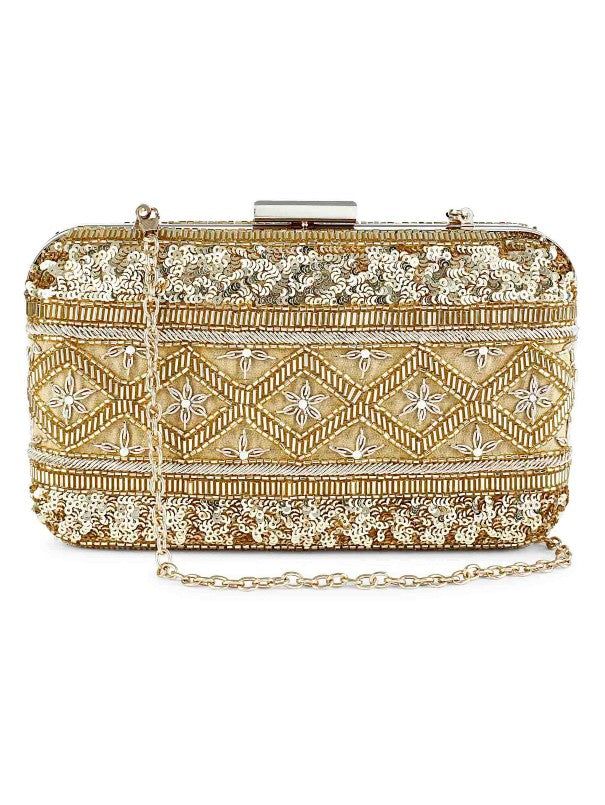 Gold Lined Clutch Bag By The Purple Sack now available at Trendroots Festive Rectangular Clutch With Gold Embroidery, Rectangular Gold Embroidered Evening Bag, Embroidered Rectangular Formal Clutch, Rectangular Gold Embroidery Evening Bags, Festive Gold Embroidered Rectangular Evening Bag, Formal Embroidered Rectangular Clutch, Formal Rectangular Embroidered Clutch, Festive Rectangular Evening Bag With Gold Embroidery, Formal Festive Rectangular Pouch