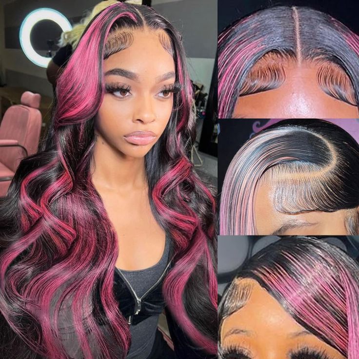 PRICES MAY VARY. 【13x4 Pink Hd Lace Front Wigs Human Hair Material】:10A Grade Brazilian Virgin Wigs Human Hair,Cut From Young Healthy Girl, Strict And Complete Quality Control System Makes Steady High Product Quality 【Highlight Body Wave Lace Front Wig Human Hair Texture】:Pink Highlight Color Match All Skin Color Well.Hair Is Bouncy And Smooth,Soft Like Silk With Little To No Shedding.No Tangle Or Weird Smell.Natural Hairline With Baby Hair Around,Can Be Restyle As You Want. 【1Bpink Glueless Wigs Human Hair Cap Size】：22.5inch (Average Size) Medium Cap With Adjustable Strap And 4 Combs, Easy To Adjust & Durable, Fit Most Customers Head Perfectly, Easy To Wear. 【Suitable For Any Occasions】：This Pink Human Hair Wig Is Very Natural Just Like Your Own Hair.So It Is Definitely a Perfect Choice F Hair Skunk Stripe, Ombre Lace Front Wig, Skunk Stripe, Body Wave Lace Front Wig, Ombre Lace Front, Wave Lace Front Wig, Highlight Color, Ombre Lace, Dyed Hair Inspiration