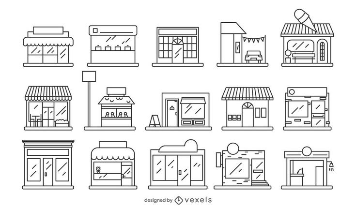 the different types of shops and stores in line art style on a white background illustration