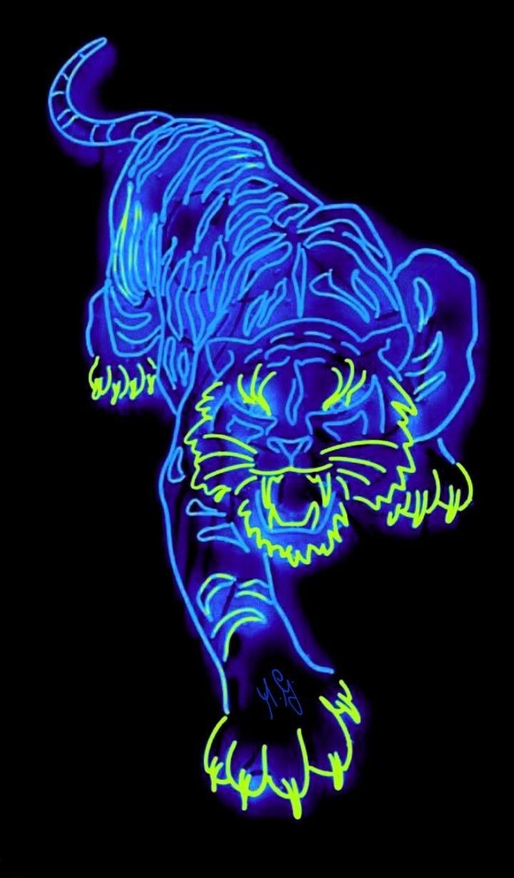 a neon blue tiger on a black background