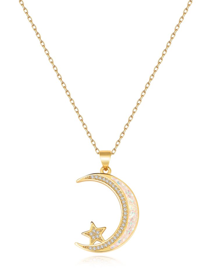 PRICES MAY VARY. Elegant Design: Elevate your style with this exquisite 14k Gold Necklace featuring a celestial-inspired design of a delicate moon and star pendant adorned with sparkling zircon stones. The intricately crafted pendant captures the beauty of the night sky, making it a perfect accessory for both casual and formal occasions. High quality material: This necklace is made of high-quality 14k gold plating, with exquisite craftsmanship and attention to details, ensuring the durability of Unique Gold Chain, Moon Star Necklace, Moon And Star Necklace, Golden Moon, Necklace Opal, Zircon Necklace, Woman Jewelry, Golden Necklace, Moon And Star